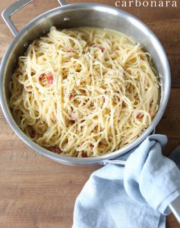 Pasta Carbonara - a favorite entertaining recipe because it's quick, easy and requires just one pot eliminating a massive cleanup before guests arrive.