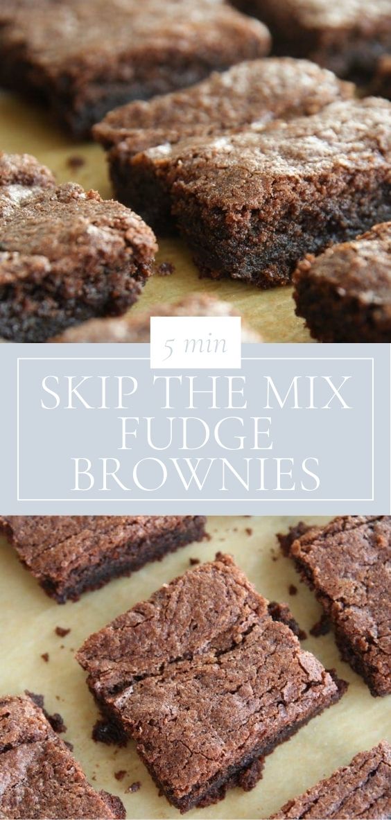 On a golden baking sheet there are several square pieces of Skip The Mix, 5 minute fudge brownies.