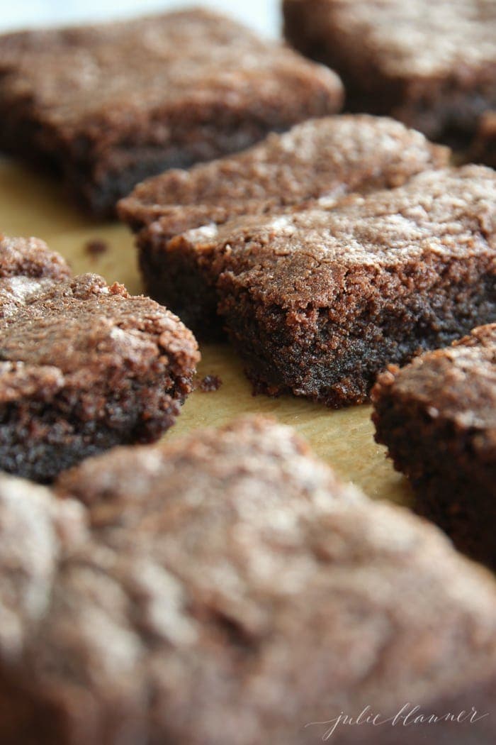 A close up of a tray of cut and cooked brownies.