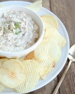 Incredible pan fried onion dip recipe with caramelized onions, great for breads, chips and veggies