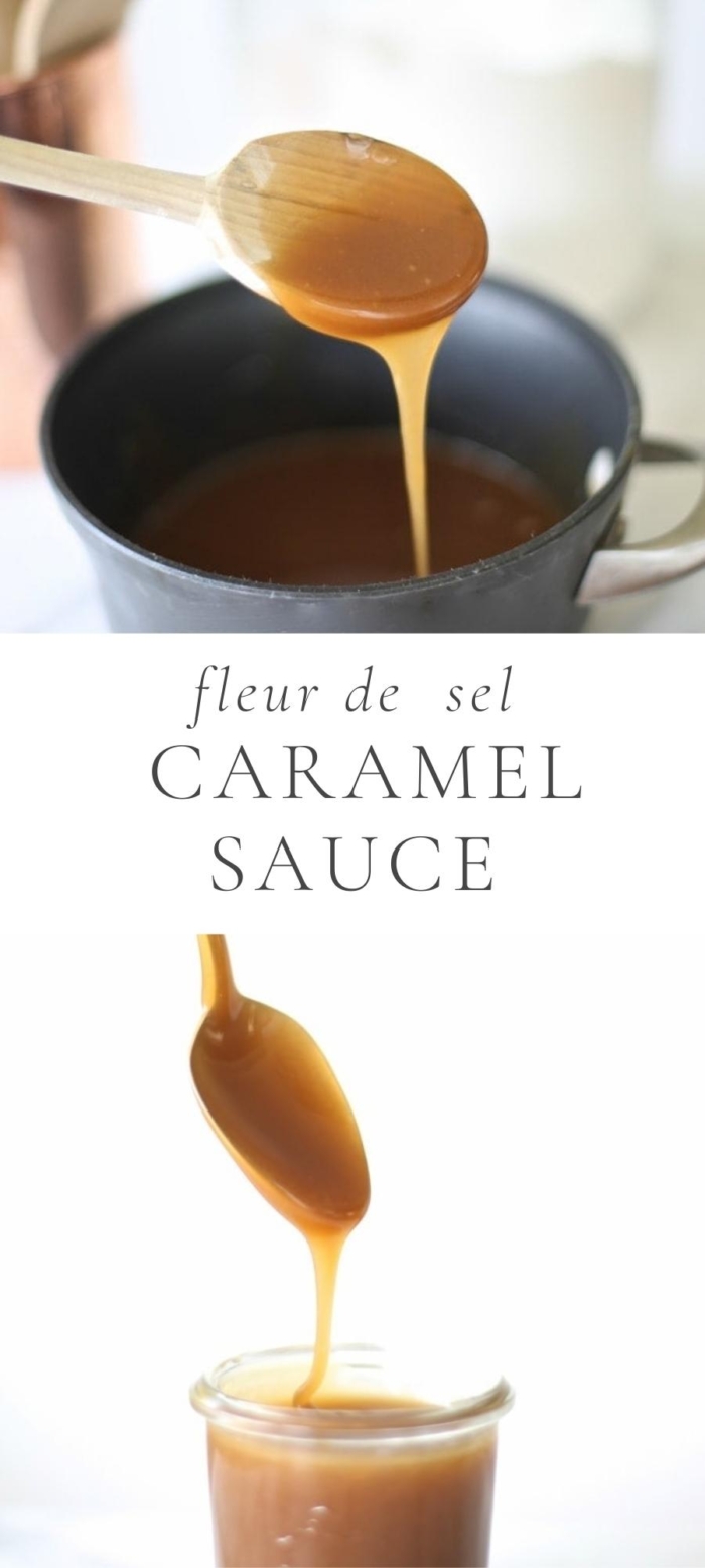 fleur de sel caramel sauce in pan and in glass with spoon