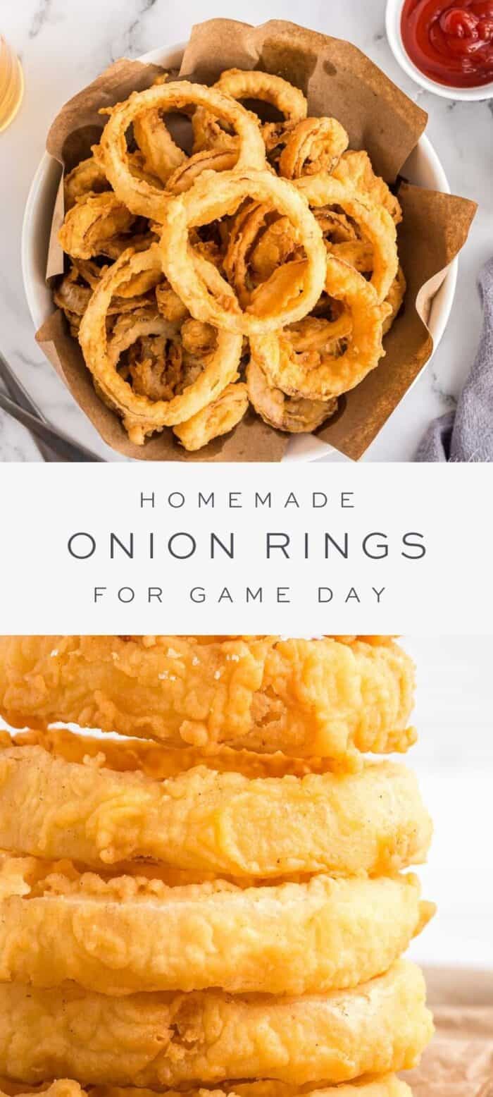 beer battered onion rings in basket, overlay text, close up of onion rings