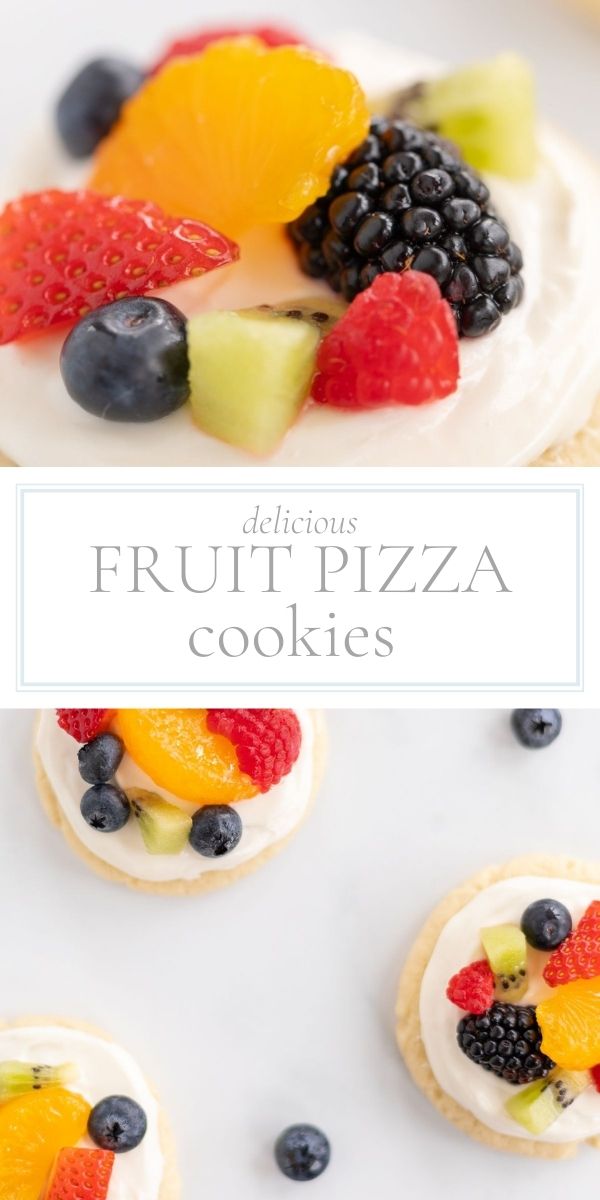 Cookies with white cream cheese icing topped with fruit.