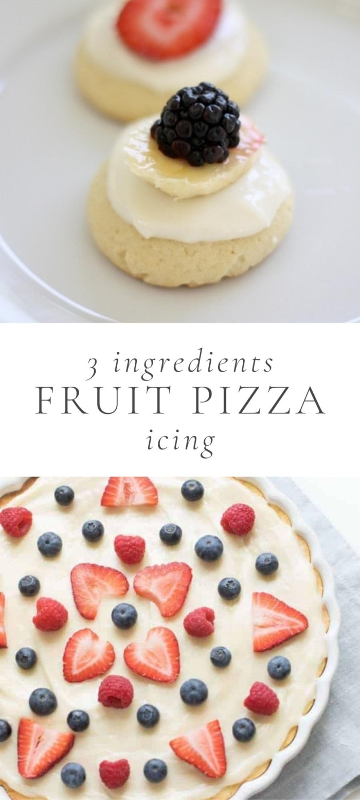 fruit pizza with icing raspberries and strawberries and blueberries
