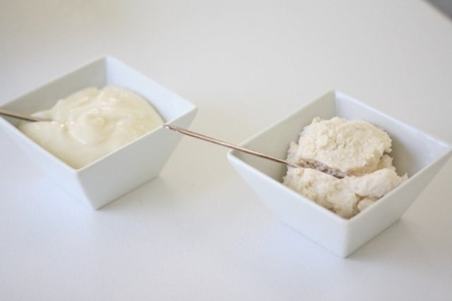 Square white bowls with fruit pizza cookie toppings