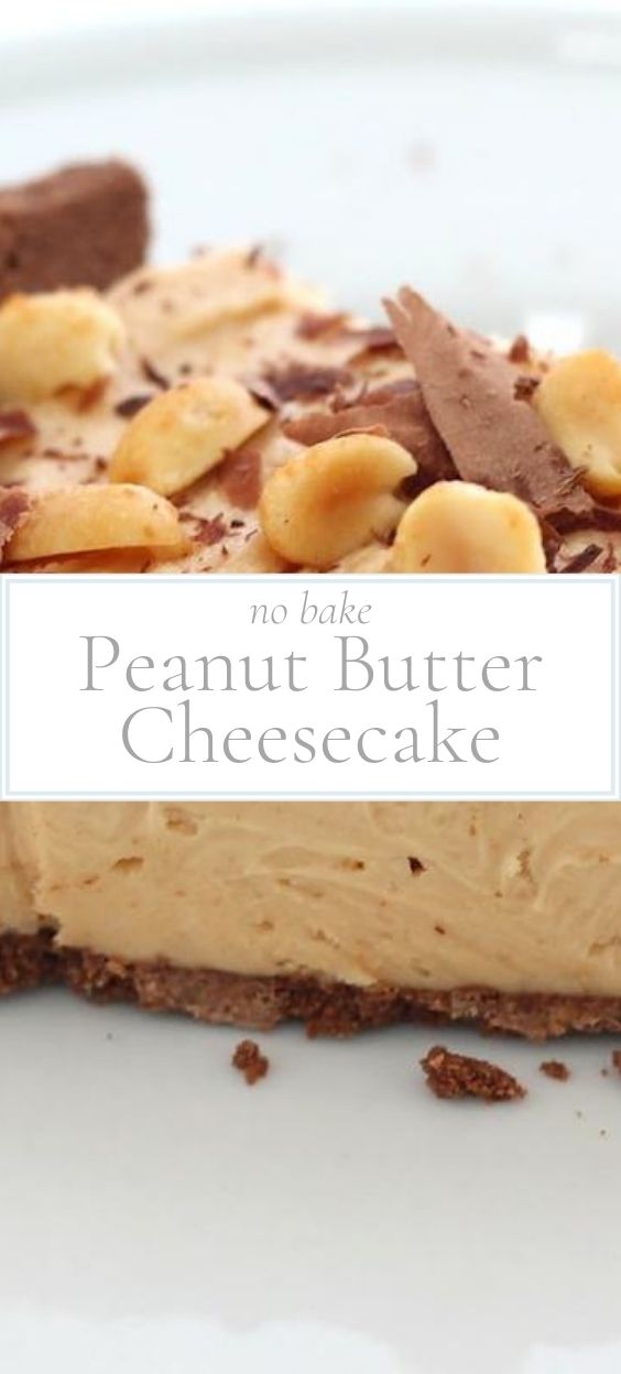A closeup of a slice of no-bake peanut butter cheesecake