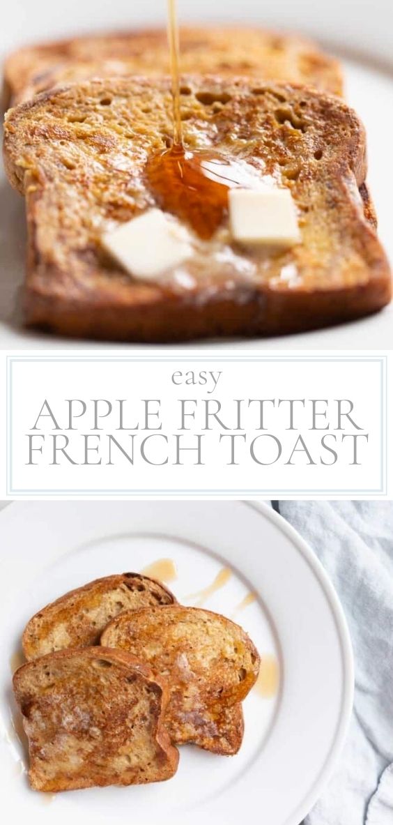 Apple Fritter French Toast is pictured on a white plate with syrup drizzled next to a grey napkin.