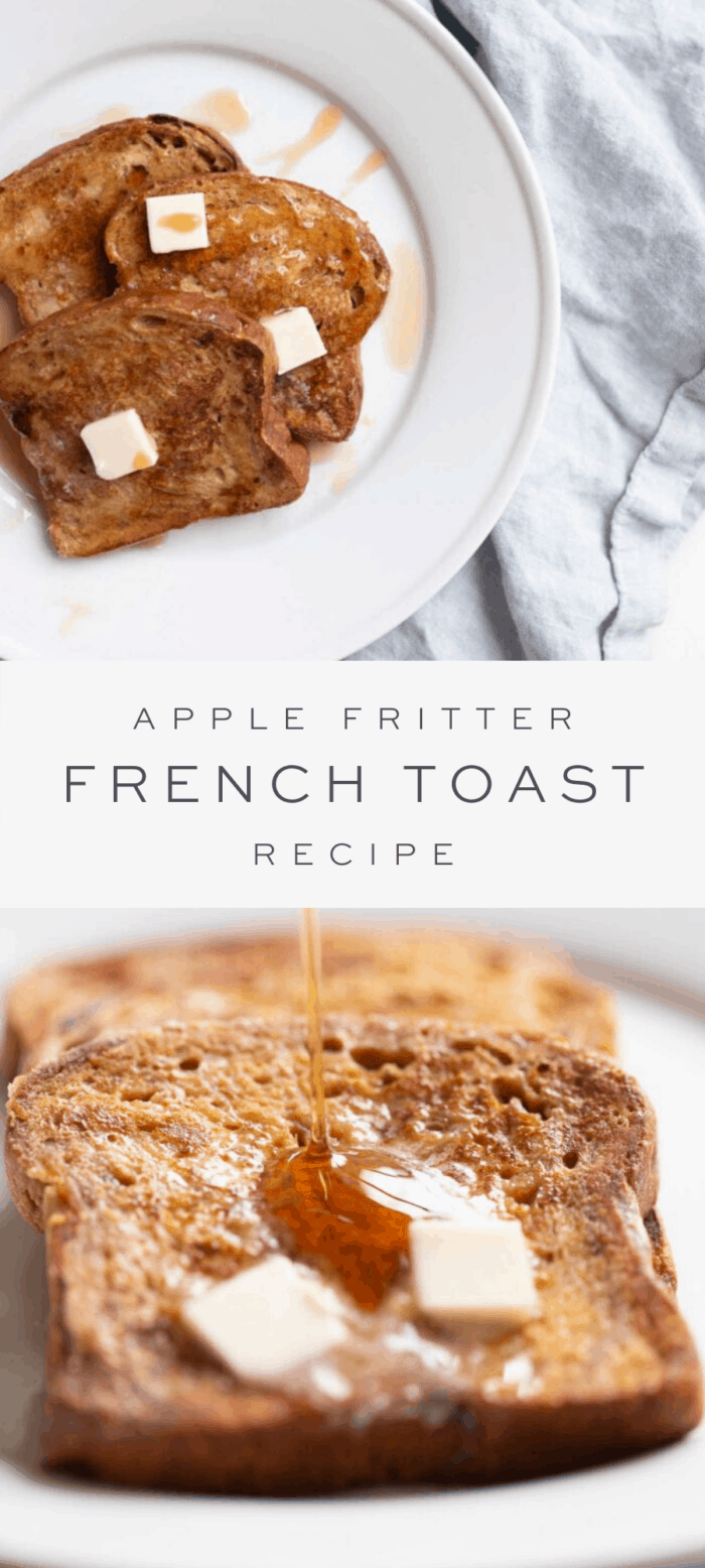 three slices of apple fritter french toast on white plate, overlay text, close up of apple fritter french toast with syrup