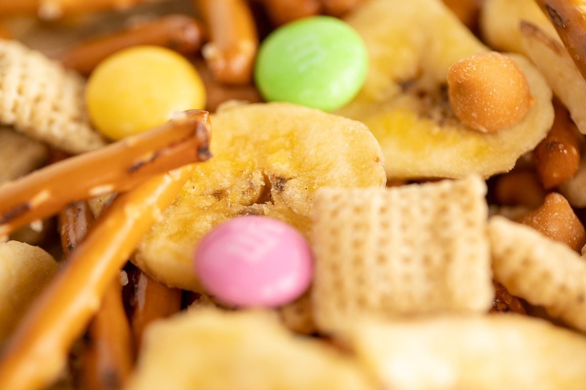 trail mix with m&ms in pastel colors