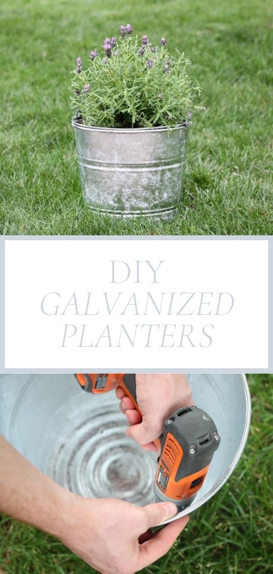 Pictured is a hand drilling holes in the bottom of a galvanized pot and also on a grassy area, there is a galvanized planter containing beautiful purple flowers.