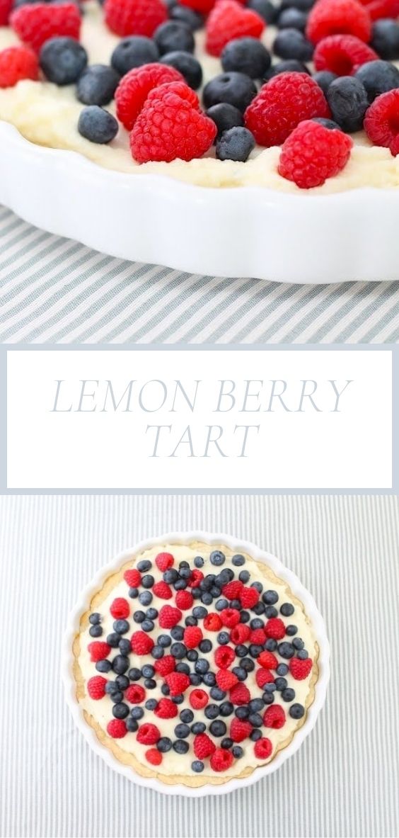 A Lemon Berry Tart is pictured in a white baking dish on top of a grey and white stripped surface.
