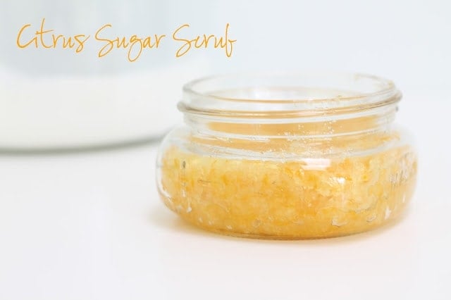photo of a citrus sugar scrub recipe with text overlay