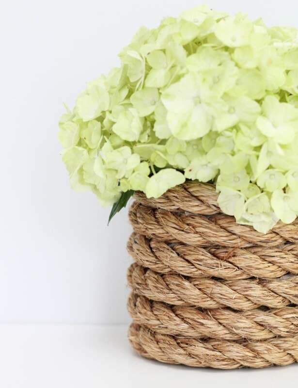 rope vase filled with hydrangea