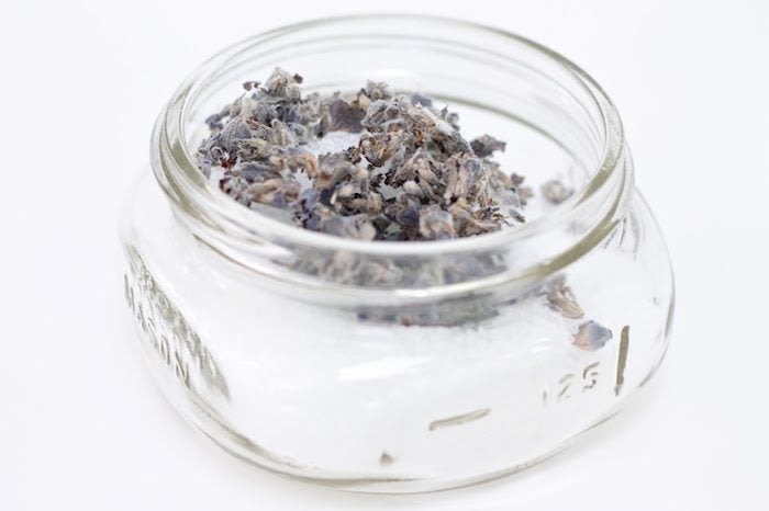 Lavender mint bath soak in a glass jar.