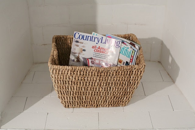 A close up of a basket with magazines in it