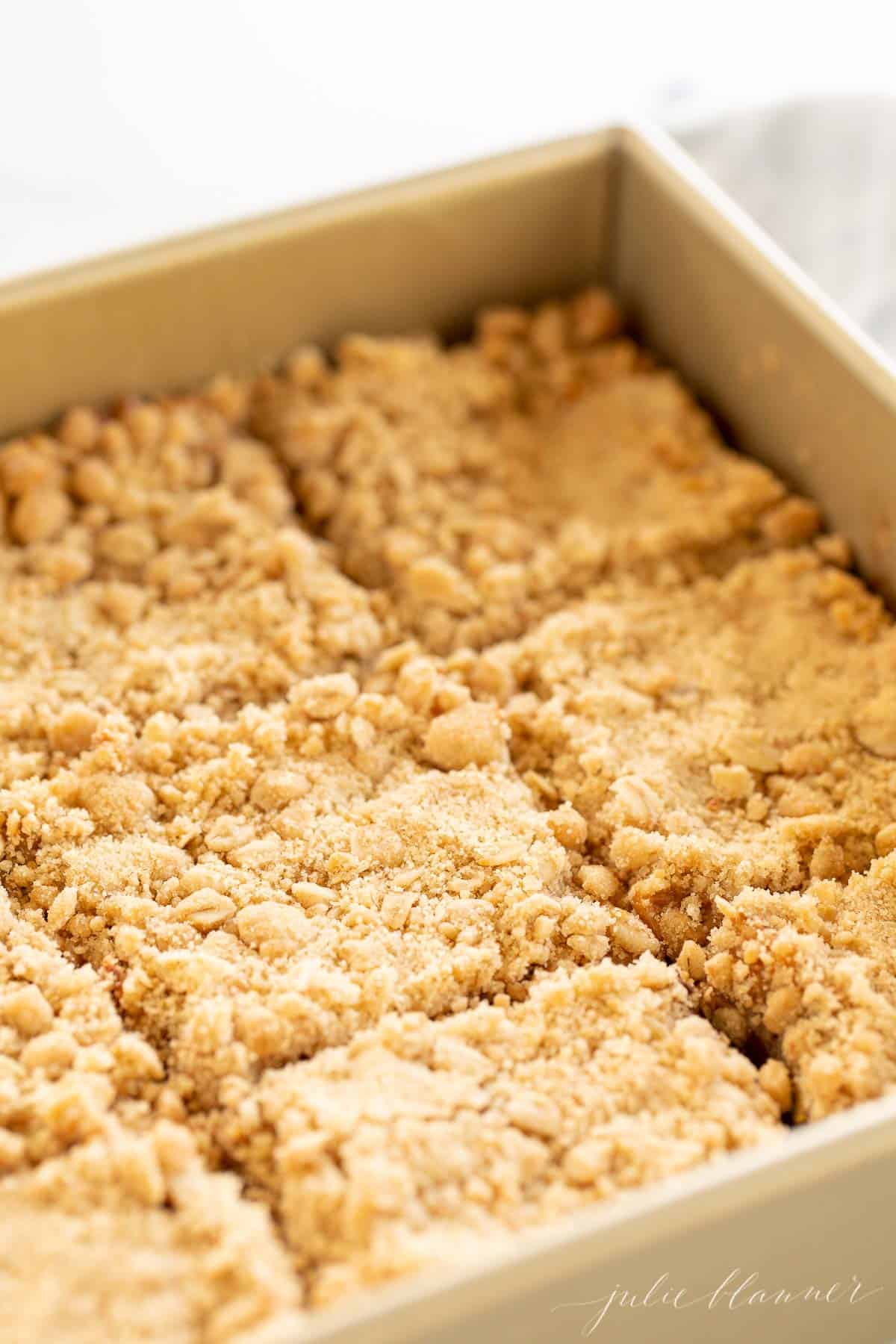sliced oatmeal cookie bars in baking dish