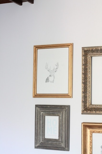 A brass picture frame with a deer in it on the wall.