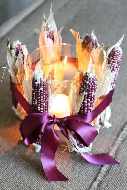 Dried corn centerpiece with a candle in the middle.