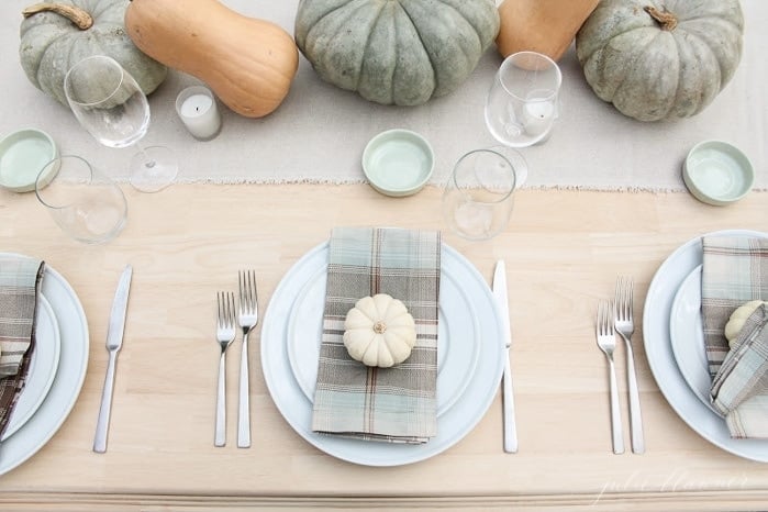 Various pumpkins and gourds on a set Thanksgiving table. 