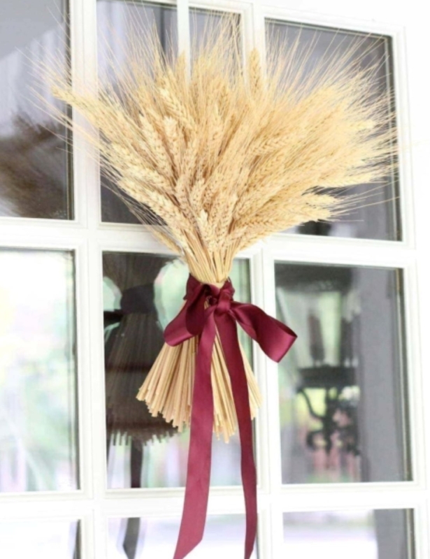 A wheat sheaf hanging on a glass paned front door, tied with burgundy ribbon