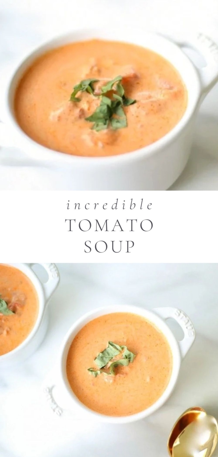 two pictures of tomato soup in a bowl with text between