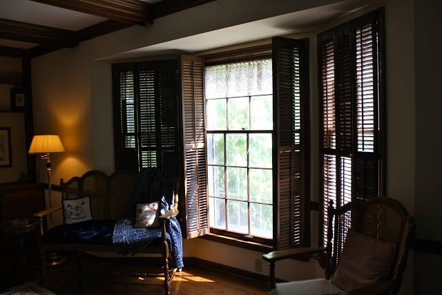 A living room with a large window