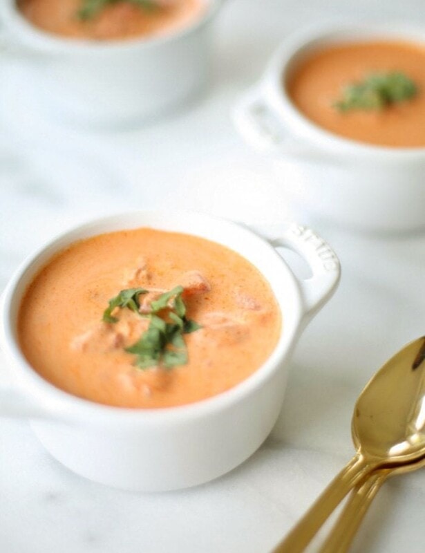 Two bowls of tomato soup.