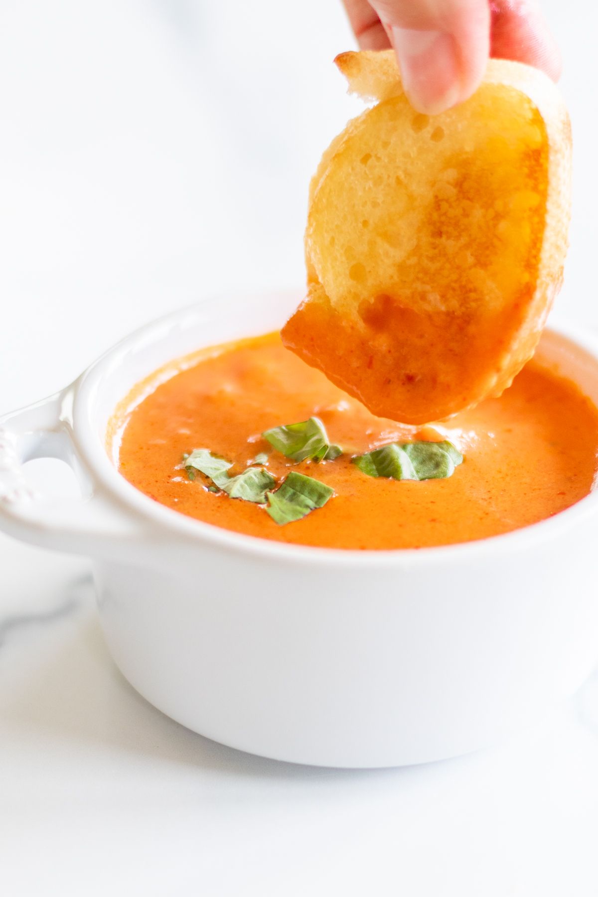 A white bowl full of a creamy tomato soup recipe, garnished with fresh basil. A Small grilled cheese sandwich dunks into the corner of the bowl.