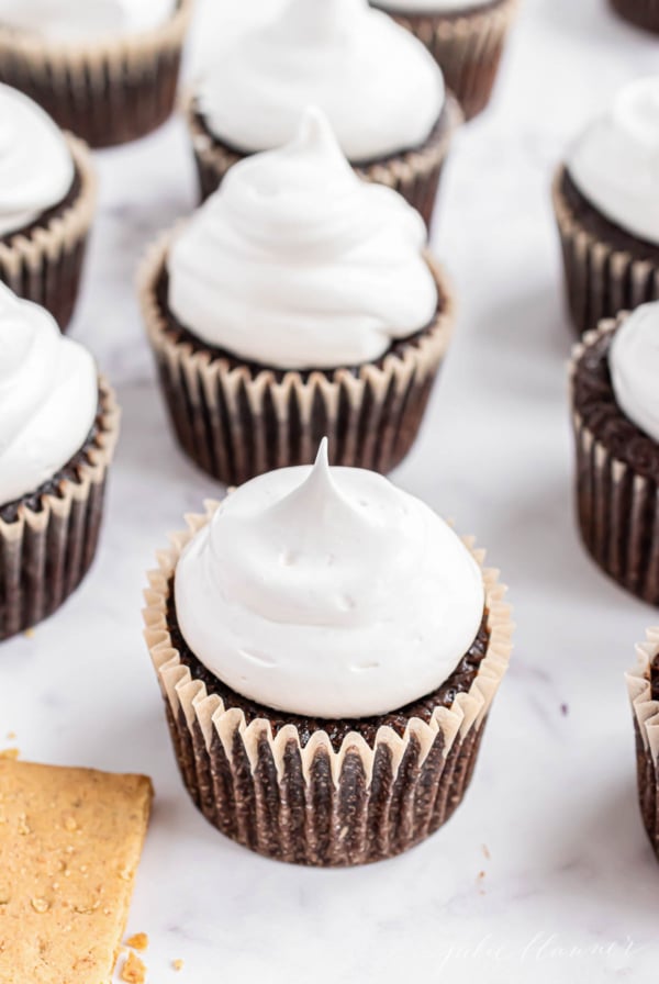 Chocolate cupcakes topped with marshmallow icing