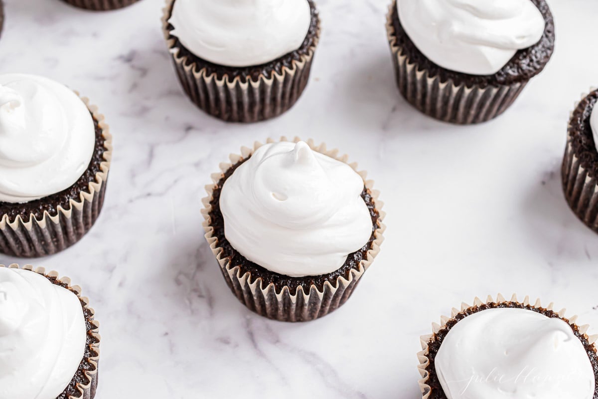Chocolate cupcakes topped with marshmallow icing