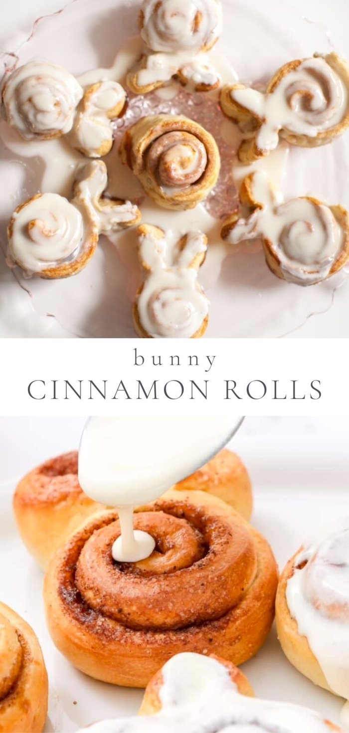 On a white plate, there are several bunny shaped cinnamon rolls with icing