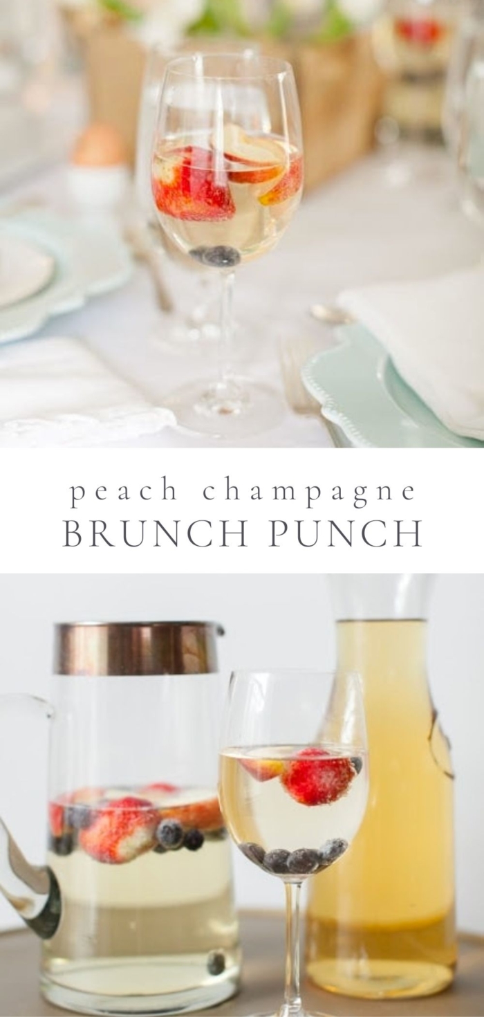 Brunch punches are pictured in glasses and pitchers with mixes of fruit.