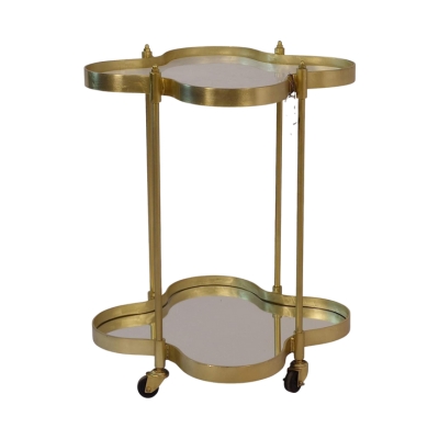 A gold bar cart in a scalloped shape against a white background.