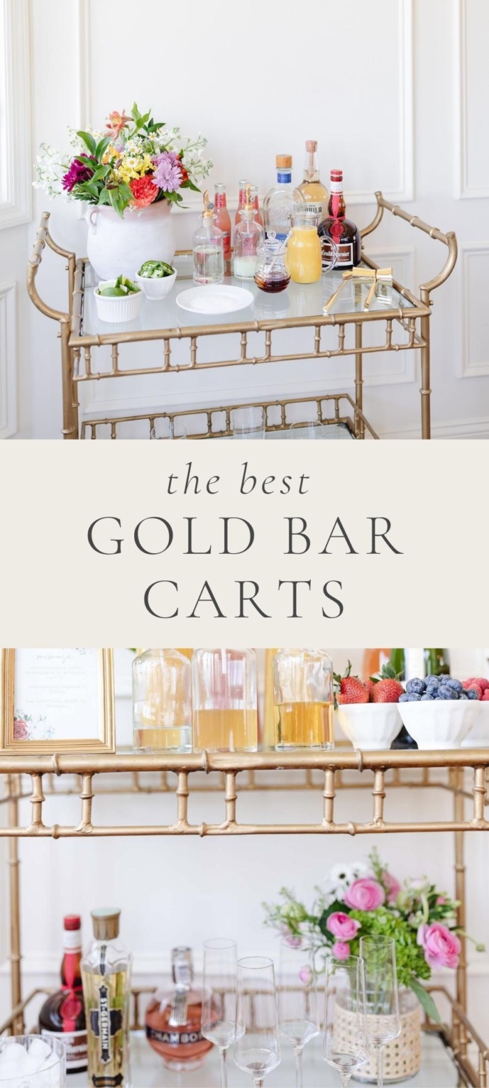 a gold bar carts with plants alcohol and drinks on it