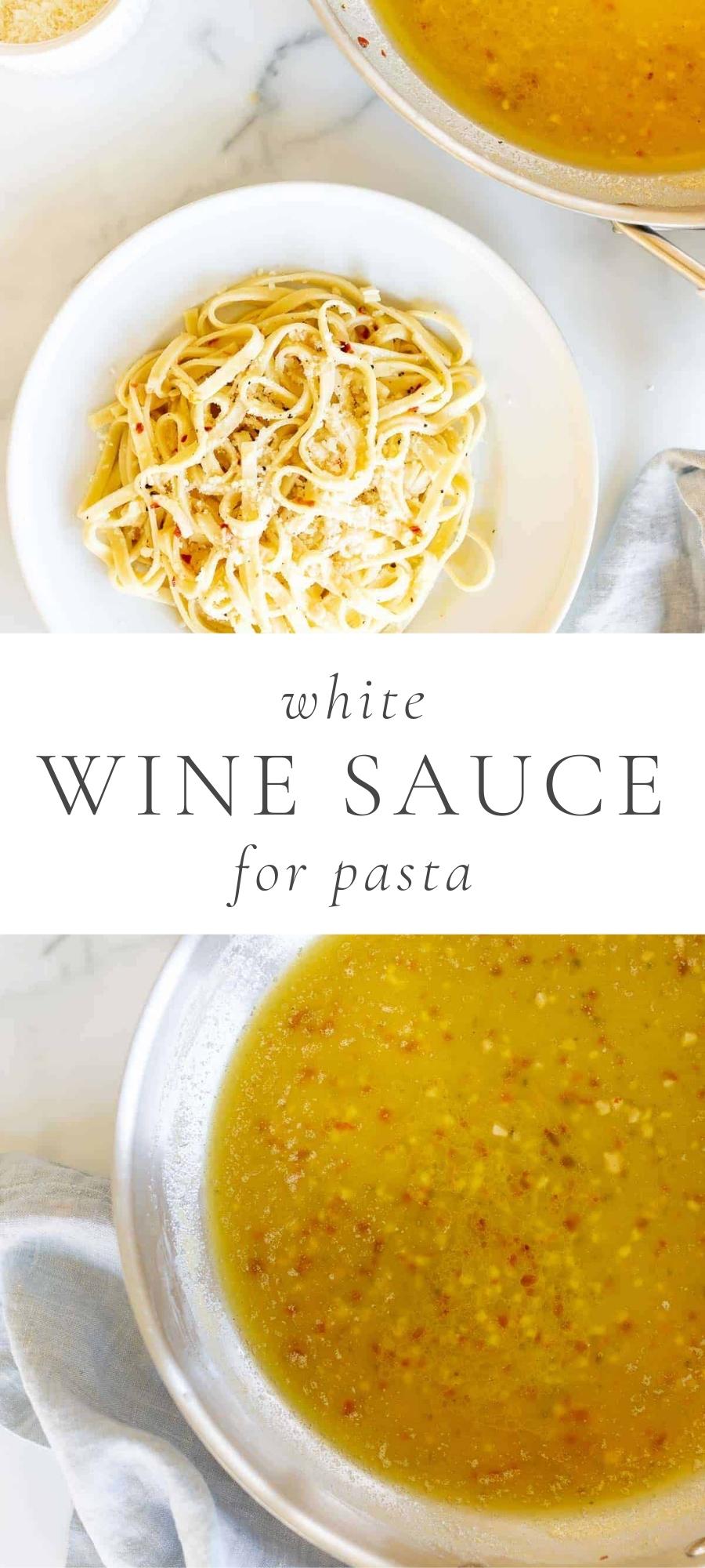 White Wine Sauce For Pasta in white plate and in silver pan