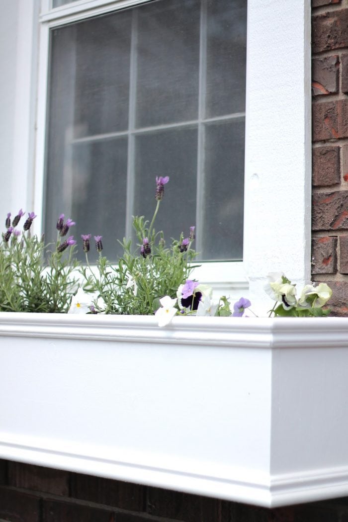 DIY wood window boxes on the front of a house filled with spring flowers