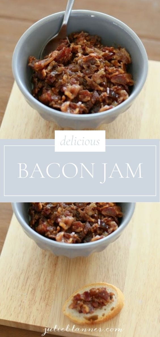 On a wooden surface there is a blue round bowl of Bacon Jam and a single slice of toast.