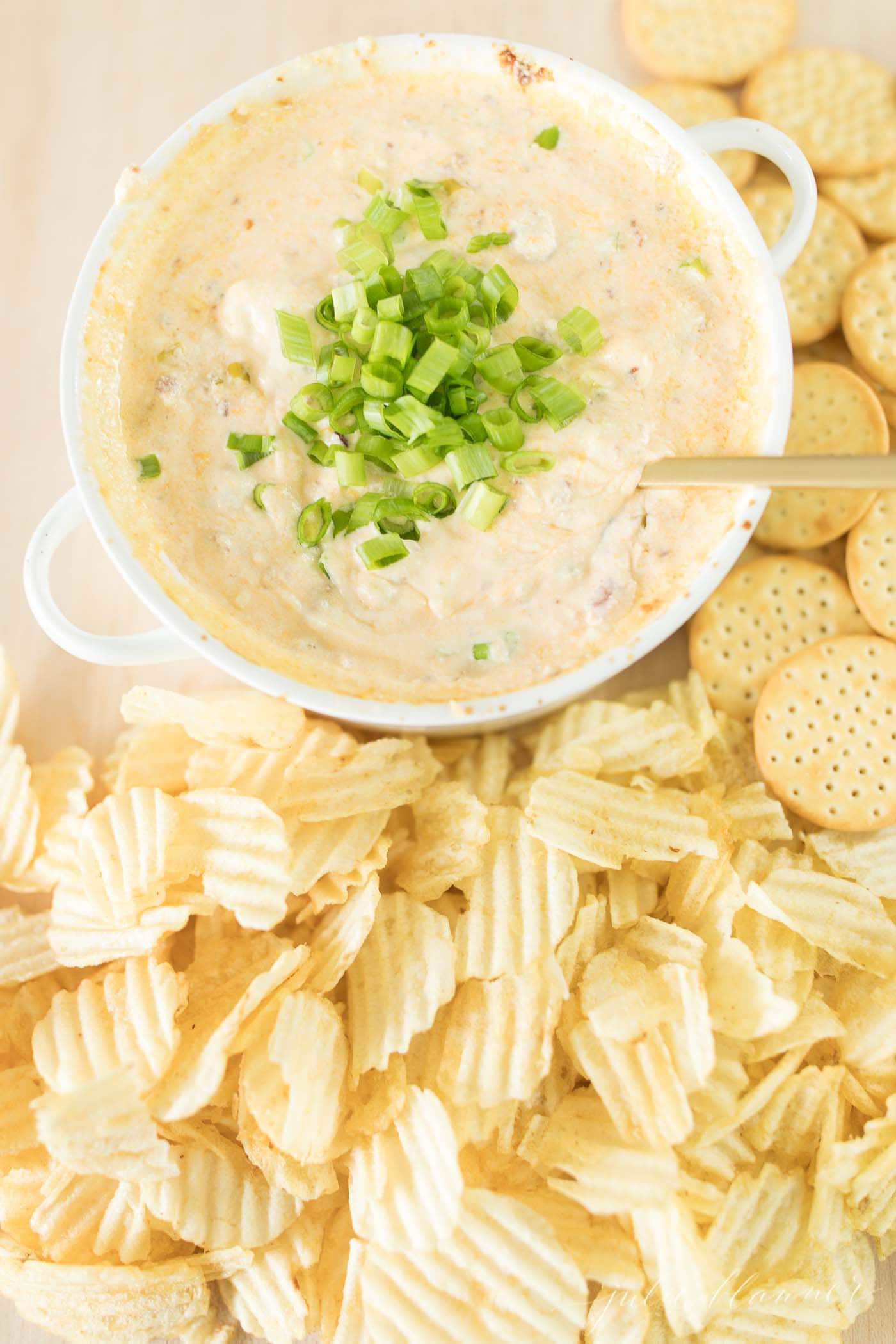 Cheesy bacon dip garnished with green onions surrounded by crackers and chips