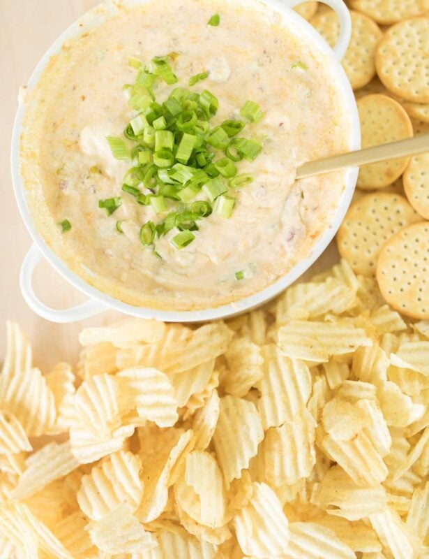bacon cheddar dip surrounded by ruffle chips