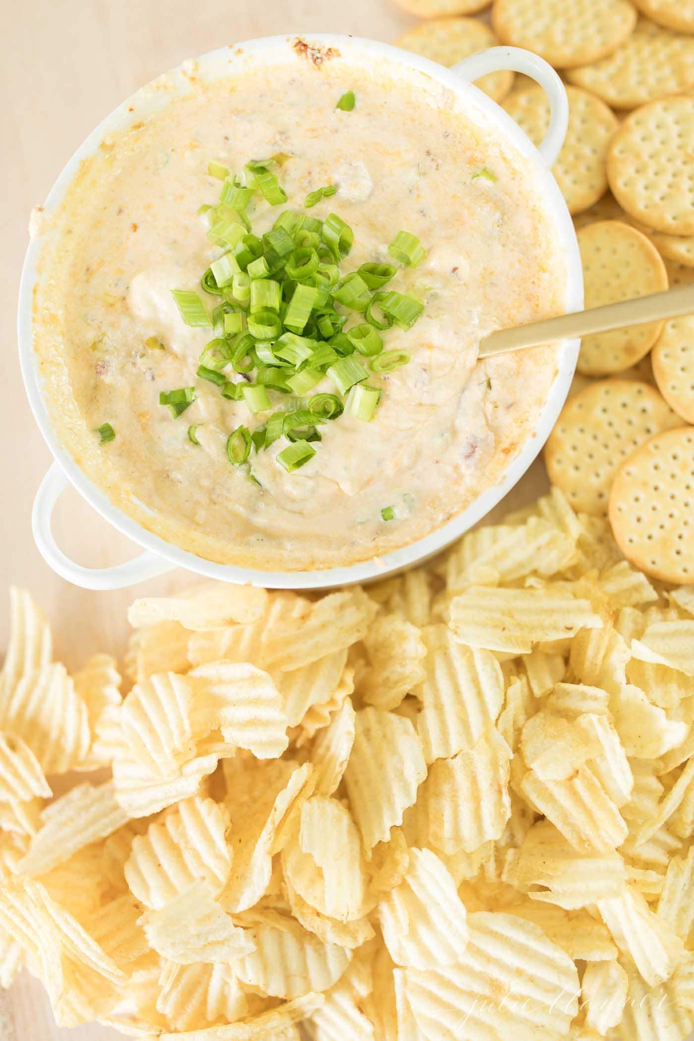 bacon cheddar dip surrounded by ruffle chips