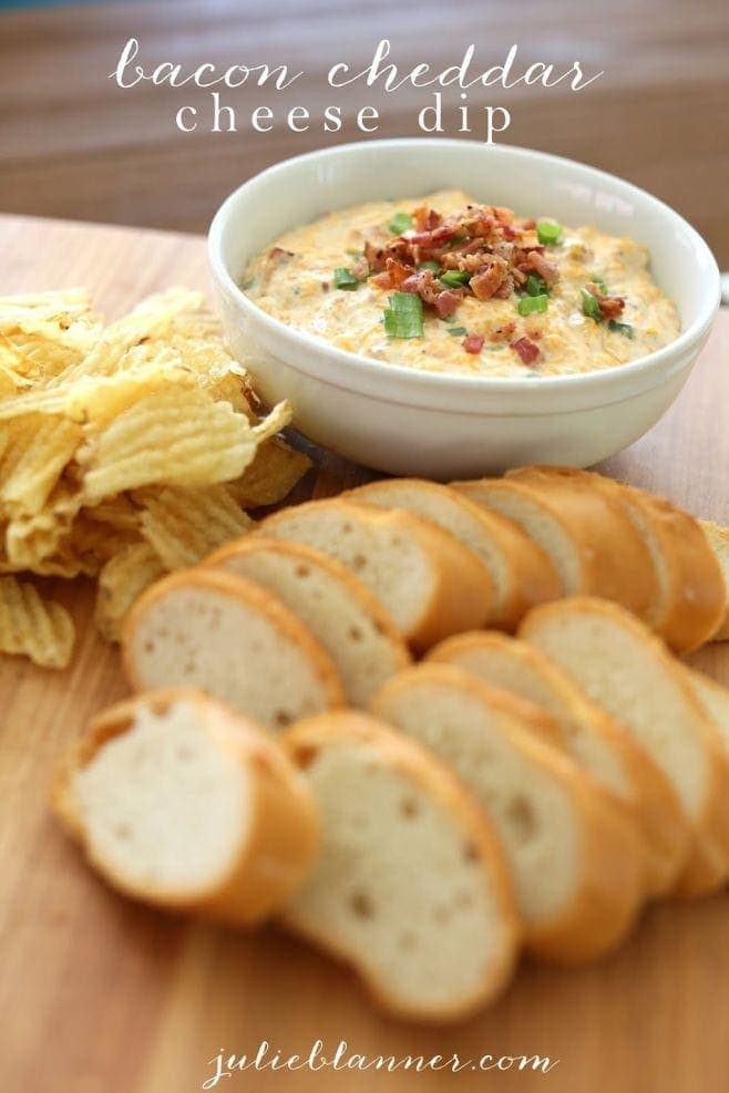 Bacon cheese dip in a white bowl with text overlay