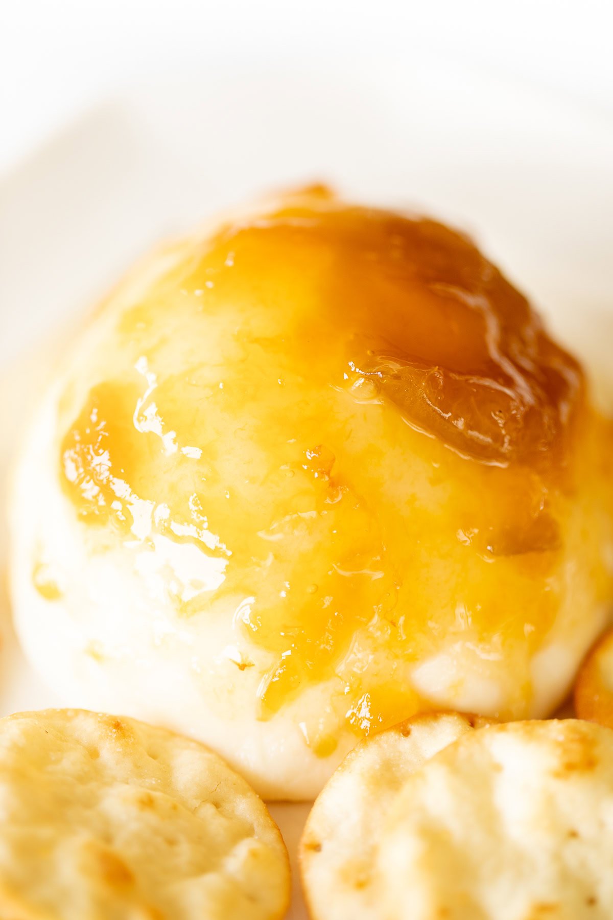 Close-up of grilled Mozzarella cheese topped with honey, served with crackers on a white plate.
