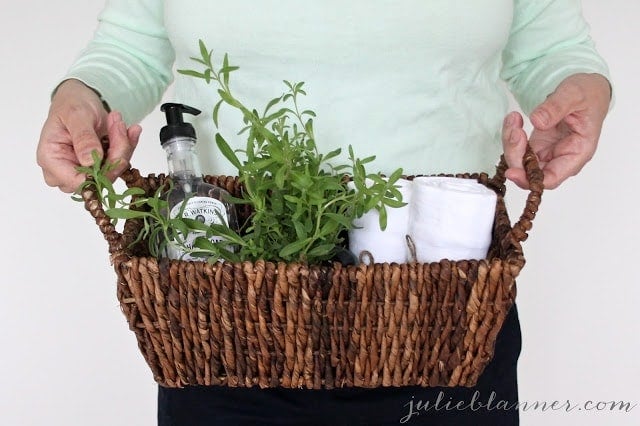 Bathroom supplies in a woven basket.