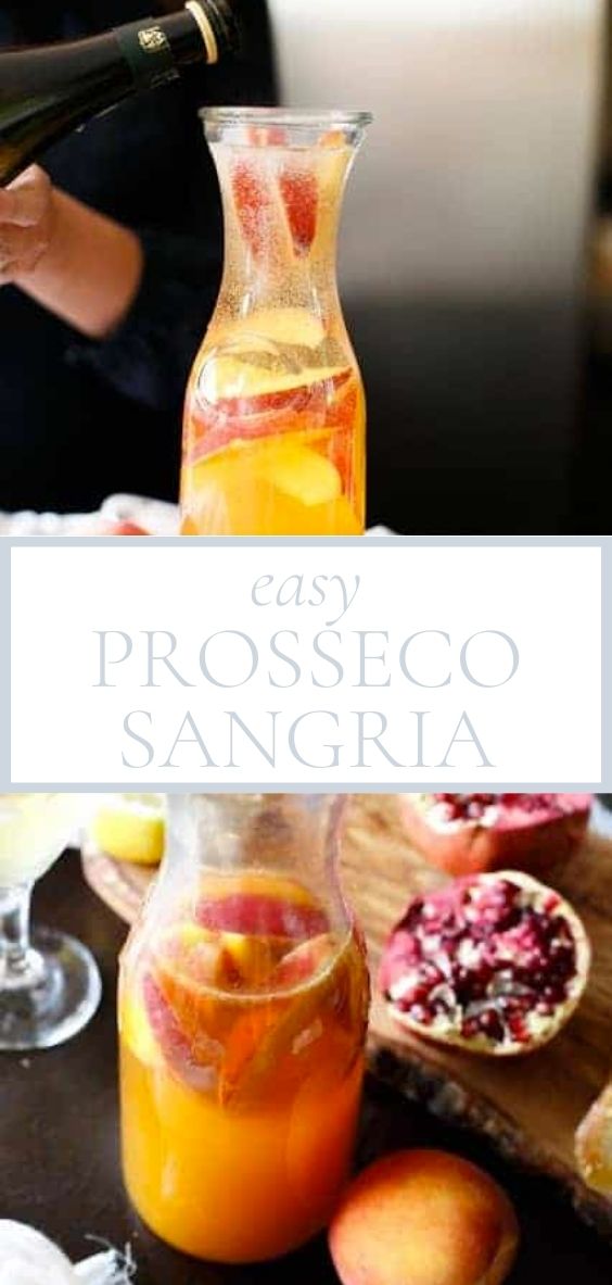 peach infused prosecco sangria, overlay text, close up of sangria