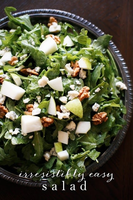 pear salad recipe piled high on a silver platter