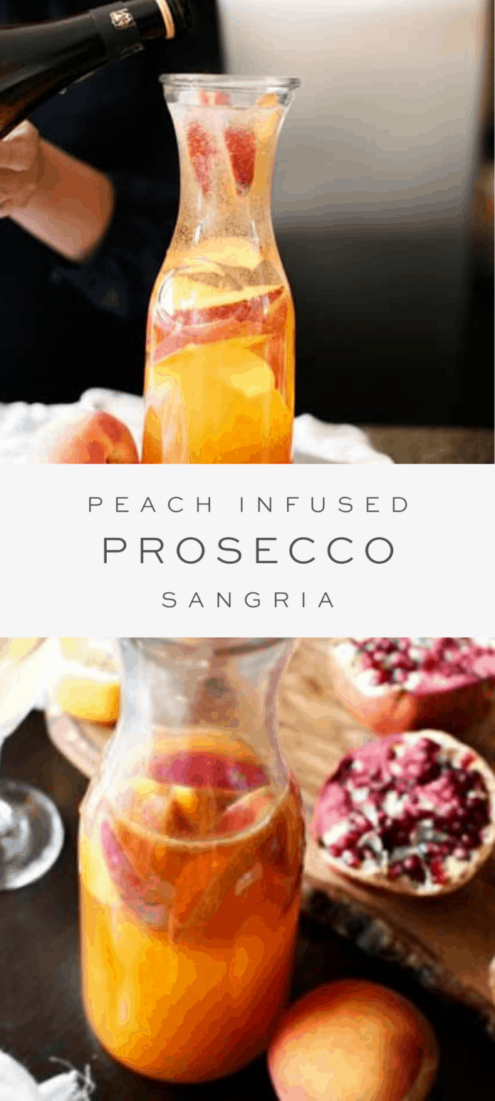 peach infused prosecco sangria, overlay text, close up of sangria