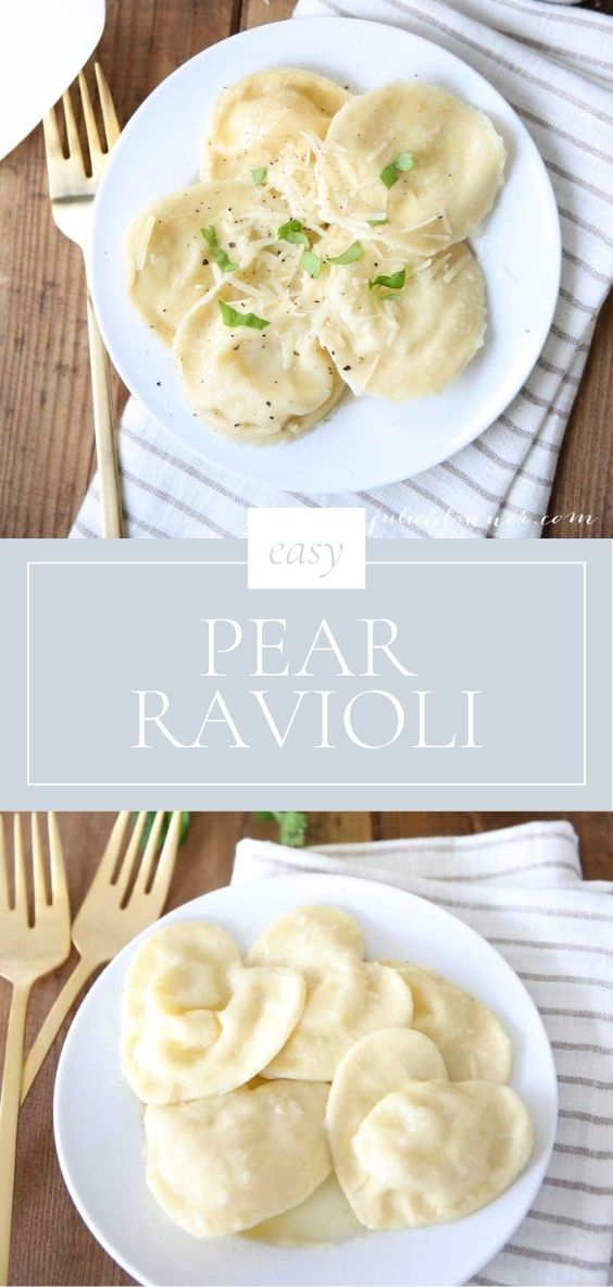 Pear Raviolis are pictured on a wooden table holdinh a white plate of raviolis next to a grey and white striped napkin and golden utensils.