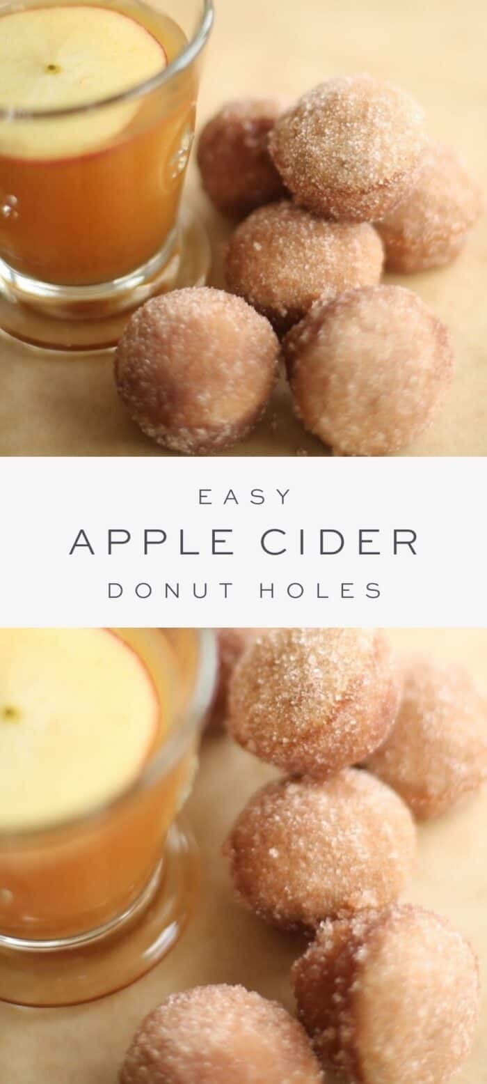 apple cider donut holes with mug of apple cider, overlay text, close up of apple cider donut holes