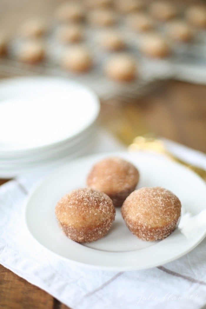 baked apple cider mini donuts on a white plate