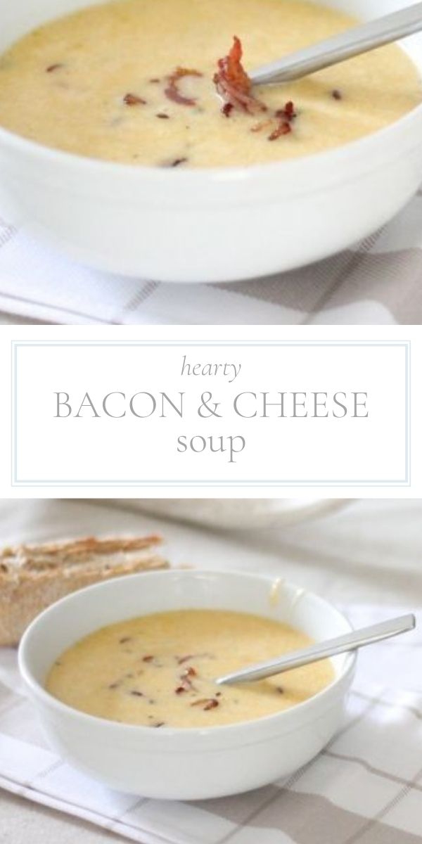 Top photo is a close-up of a white bowl of bacon and cheese soup with a silver spoon in it. Bottom photo is similar photo but further away showing the bowl on a table.